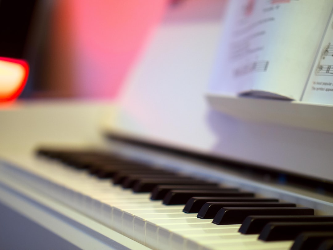 A close up of a piano keyboard with a blurry background